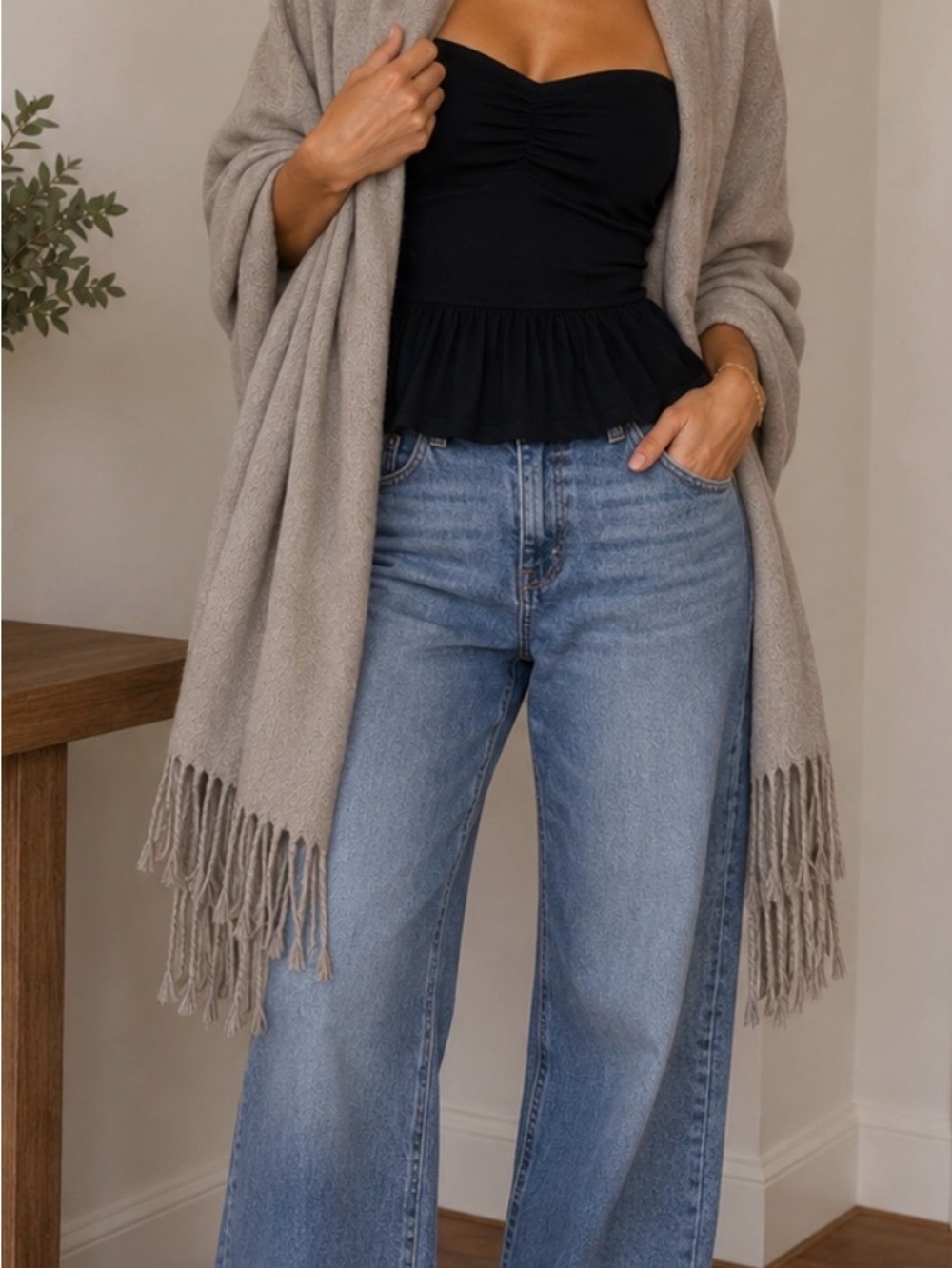 Jones New York Taupe Fringe Shawl